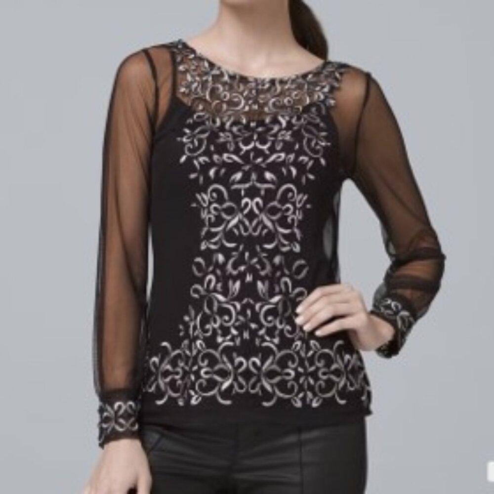 WHBM White House Black Market Sheer Embroidered Mesh Top + Cami Black Sz Medium - Picture 8 of 10